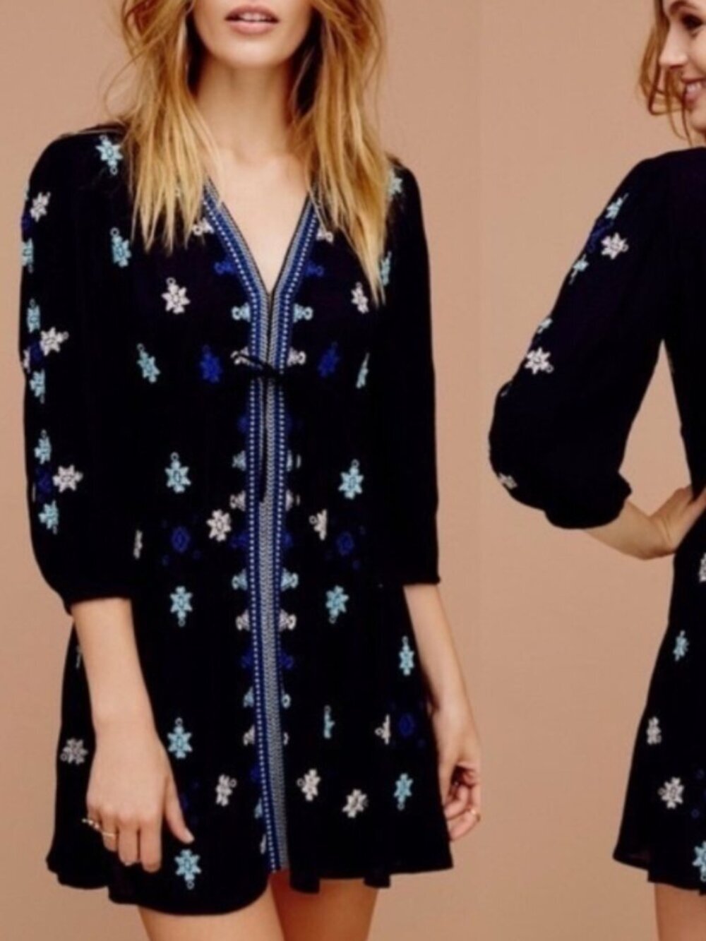 Free People Stargazer Embroidered Tunic Dress Women’s Large Black/Blue